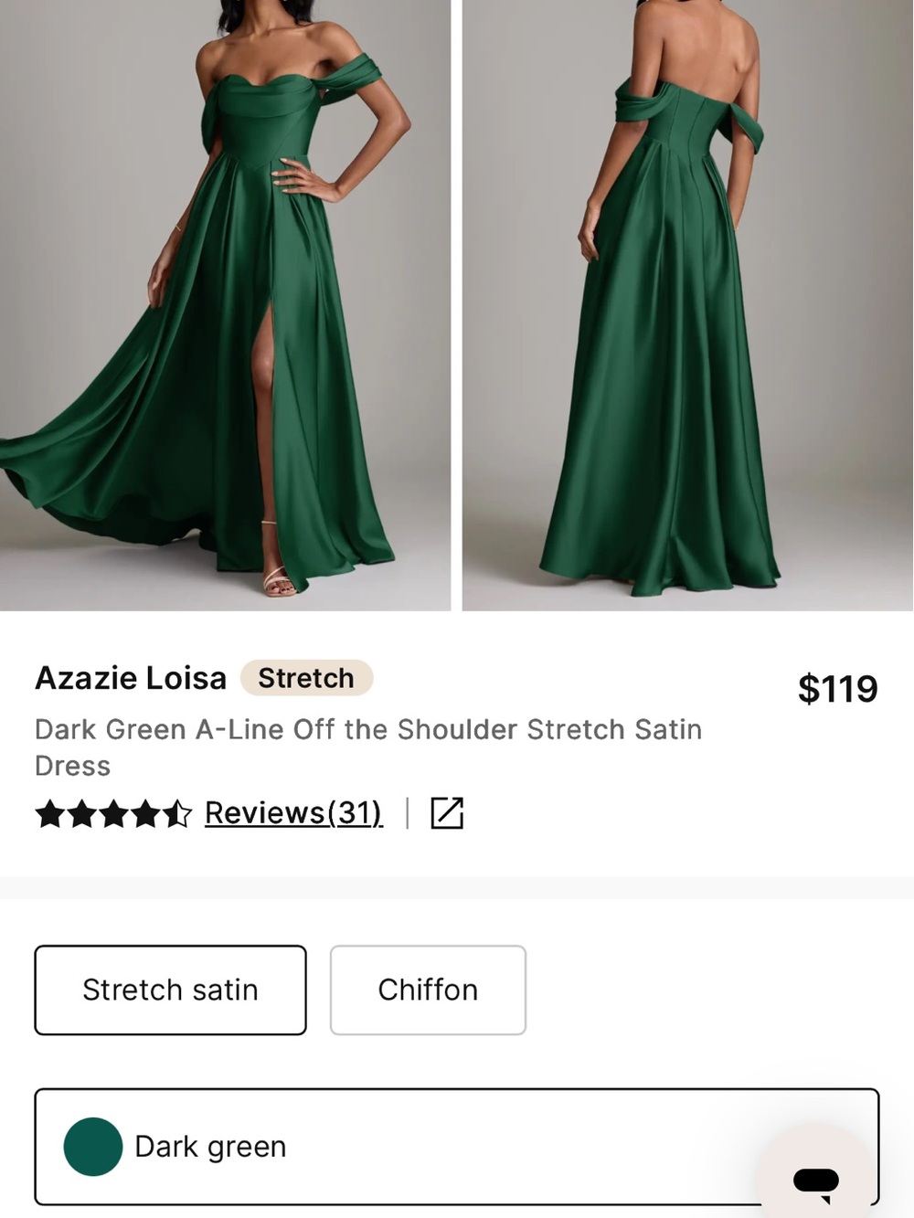 Azazie Dark Green One-Shoulder Satin A-Line Gown